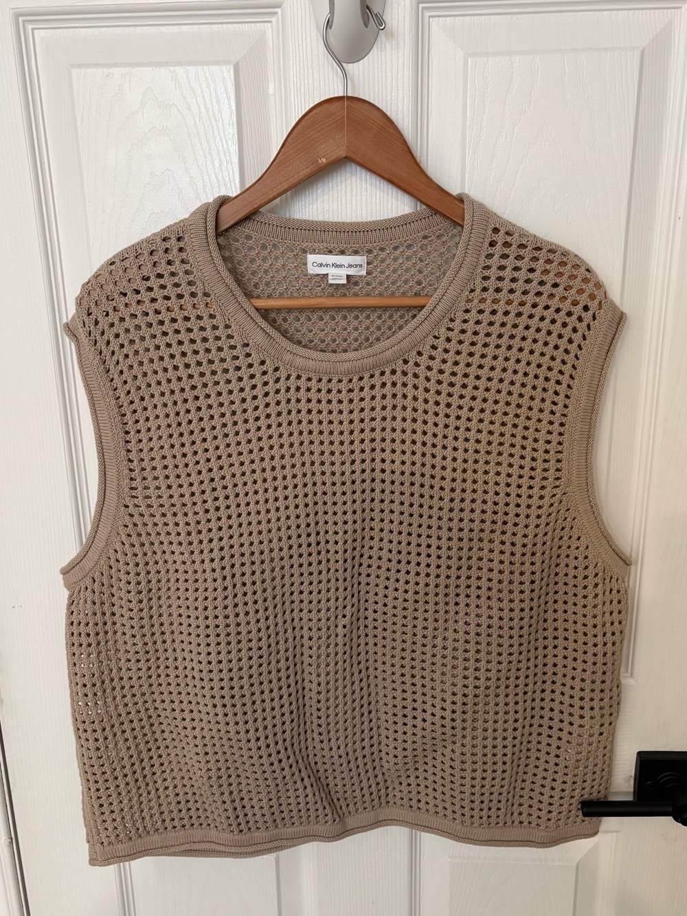 Calvin Klein Jeans Open-Knit Taupe Sleeveless Sweater